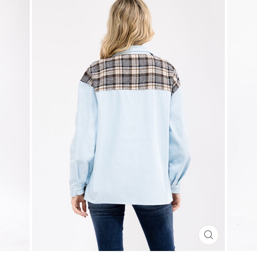 033.Plaid Patchwork Denim Jacket Front Pockets Bu… - image 3